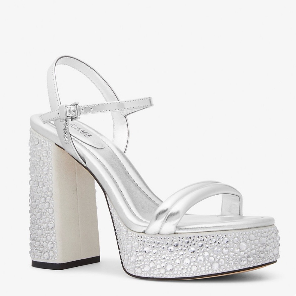 Michael Kors Laci Embellished Metallic Leather Platform Sandal